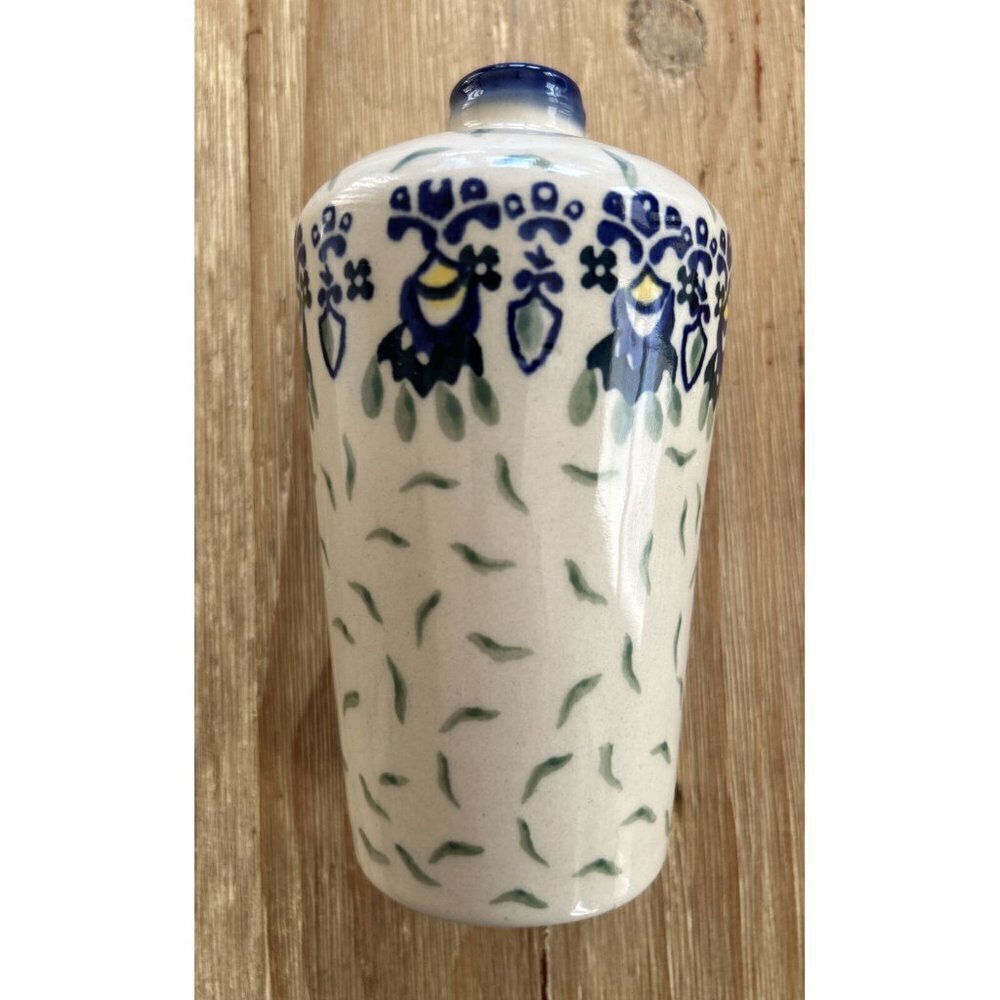 UNIKAT Polish Pottery Boleslawiec Blue Green Floral Bud Vase Urn 6" Height